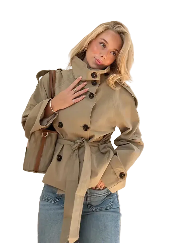 Khaki Cropped Trench Jacket | Double Breasted Stand Collar Casual Coat