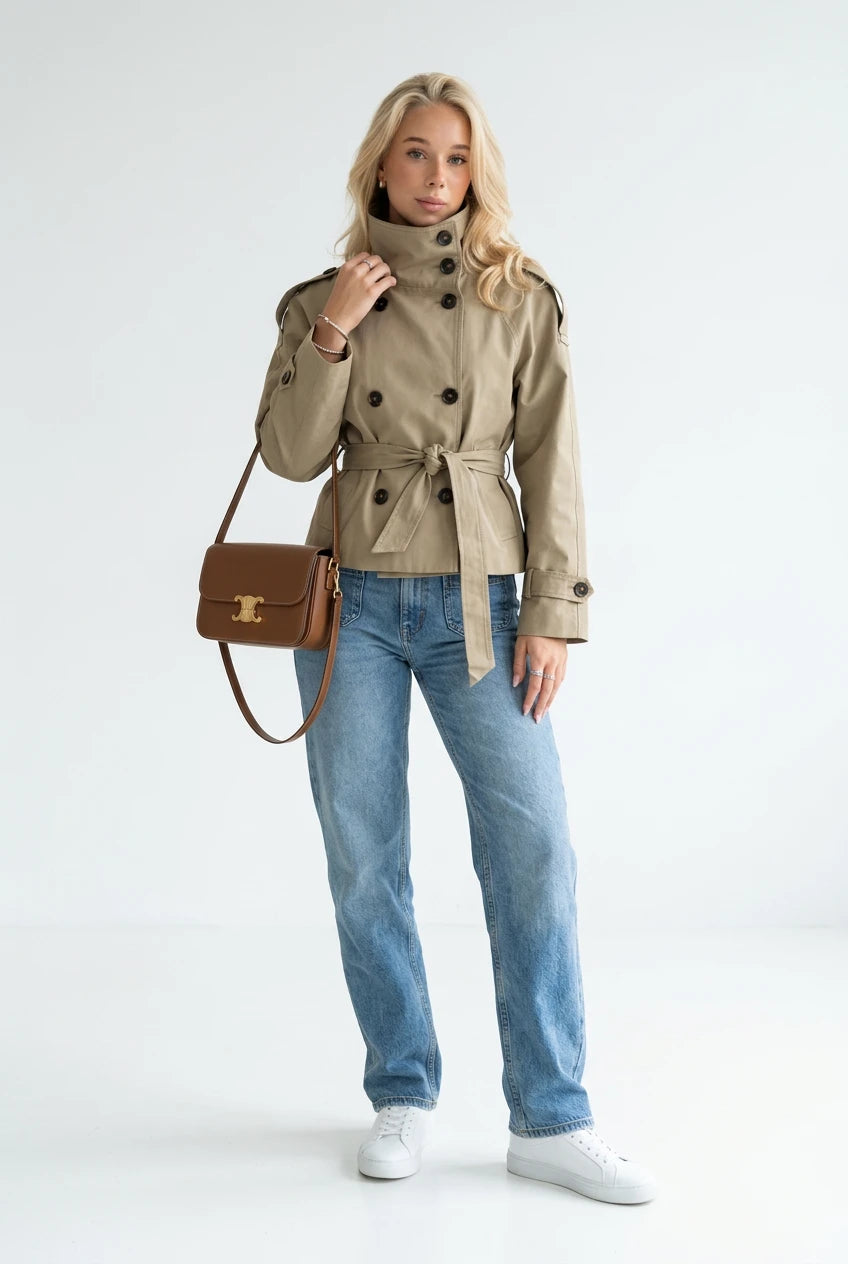 Khaki Cropped Trench Jacket | Double Breasted Stand Collar Casual Coat