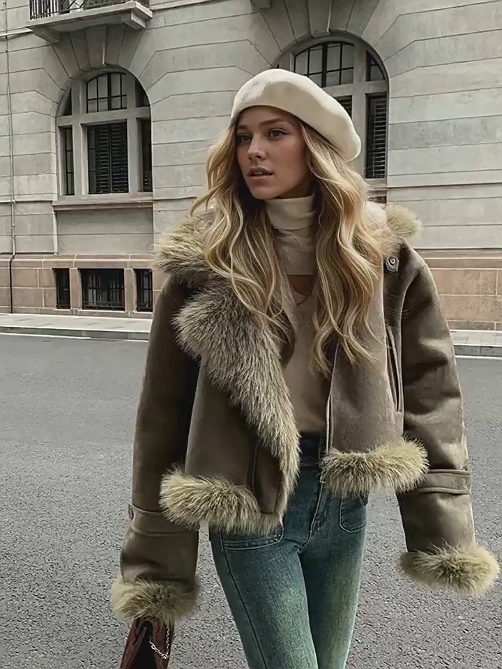 Women's Velvet Lapel Collar Short Winter Jacket