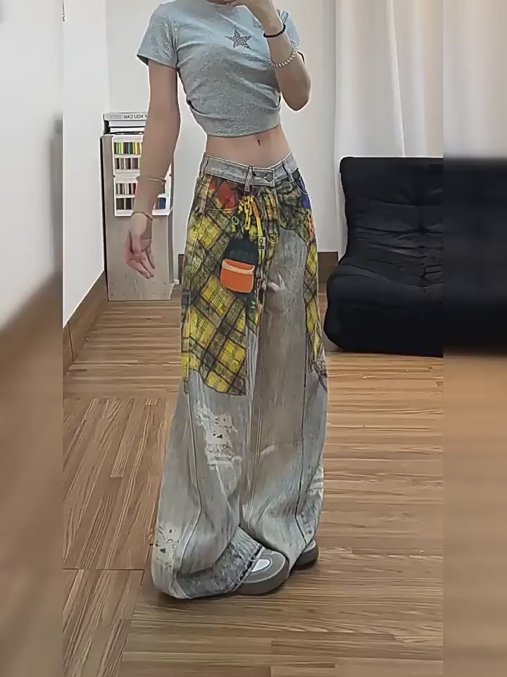 American Style Retro High Waist Loose Fit Denim Blue Trousers for Women