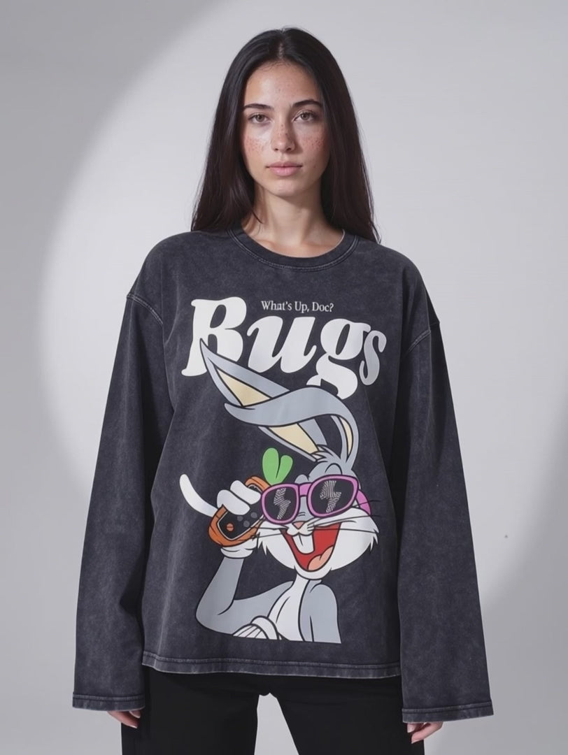 Washed Gray Bugs Long Sleeve T-Shirt | Unisex Oversize Cotton Tee