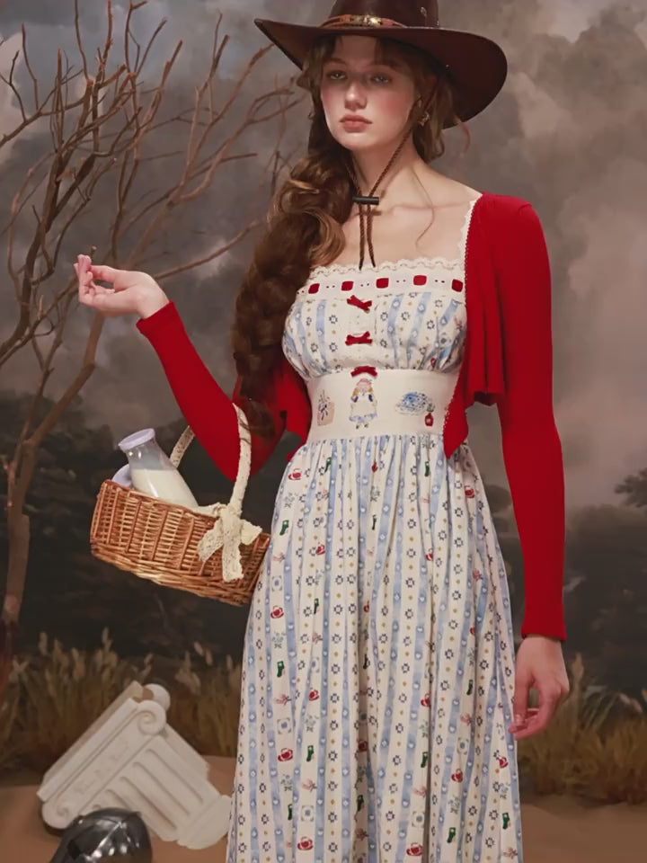 Bear Kitchen French Pastoral Sweet Print Striped Suspender Long Dress Blue Women