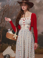Bear Kitchen French Pastoral Sweet Print Striped Suspender Long Dress Blue Women