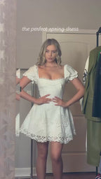 Solid Lace A-Line Mini Dress Short Bubble Sleeve Square Neck Hollow Out Pleated