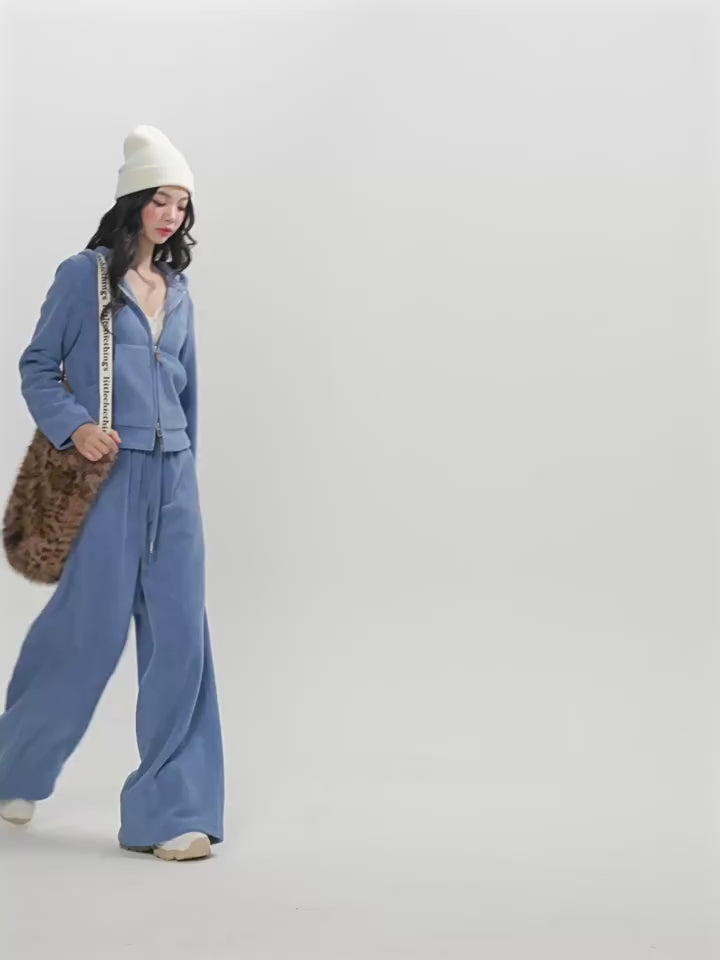 Women's Knitted Hooded Cardigan Jacket and Trousers Tracksuit Set