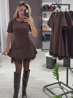 Women's Round Neck Short Sleeve Spliced Lace Mini Dress