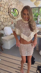 Women's Sequined Mesh Fringe O-Neck Crop Top and Skirt Two-Piece Set