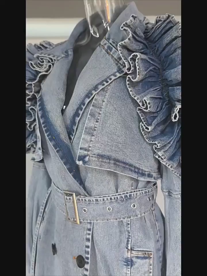Women's Double Breasted Denim Ruffle Trench Coat Windbreaker Jacket