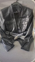 Women's Slim Fit Belted Faux Leather Motorcycle Jacket