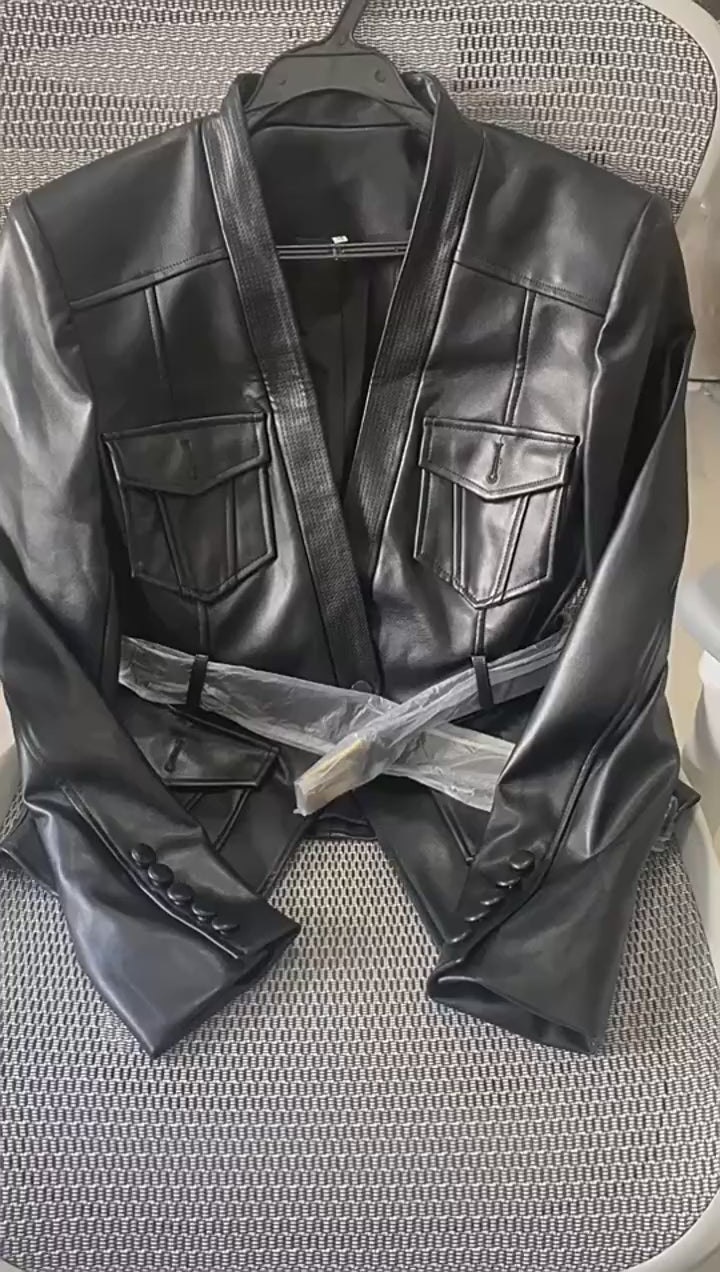 Women's Slim Fit Belted Faux Leather Motorcycle Jacket