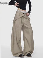 CEAROCOW Women's Retro Pleated Stripe Belt Trousers Loose Fit