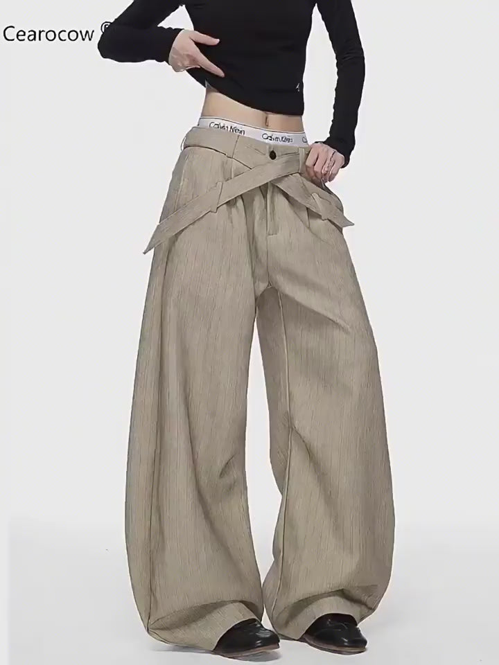 CEAROCOW Women's Retro Pleated Stripe Belt Trousers Loose Fit