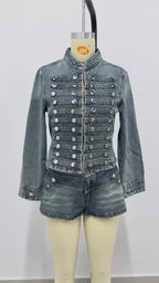 Women's Denim 2 Piece Set Stand Collar Cropped Jacket Shorts Outfit