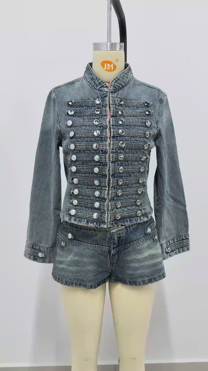 Women's Denim 2 Piece Set Stand Collar Cropped Jacket Shorts Outfit