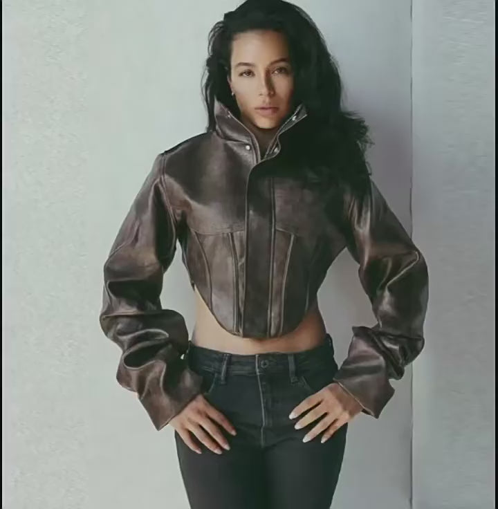 Women's Slim Fit PU Leather Stand Collar Zipper Jacket