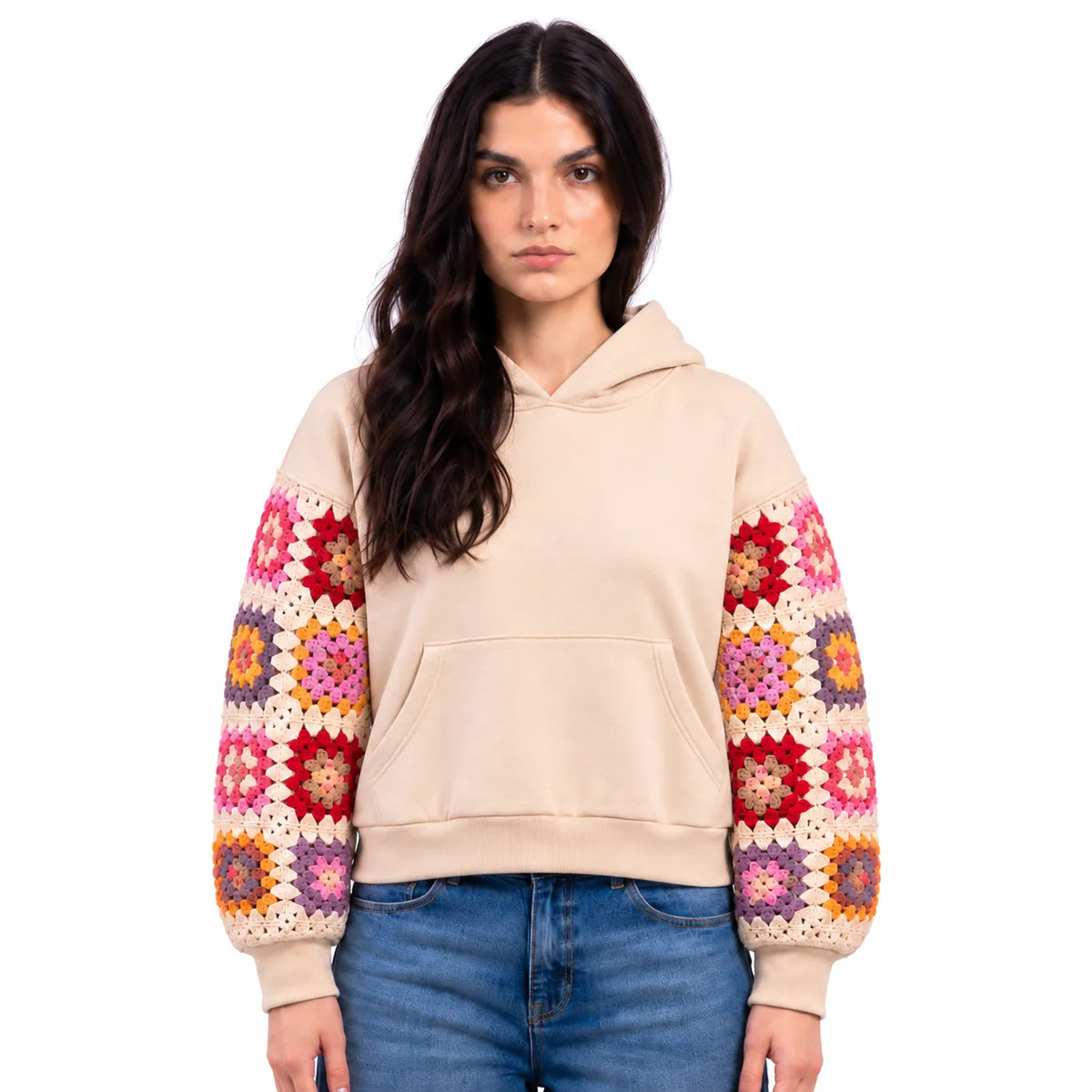 SITRA Girls' Casual Granny Square Crochet Sleeves Cropped Hoodie