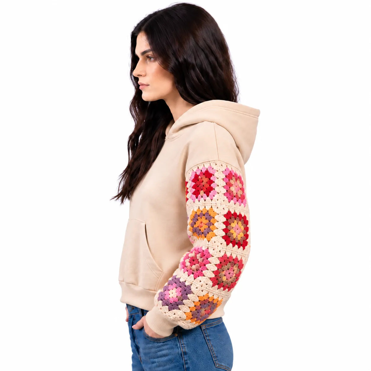SITRA Girls' Casual Granny Square Crochet Sleeves Cropped Hoodie