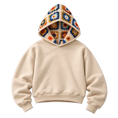 SITRA Women’s Granny Square Crochet Cropped Boxy Hoodie