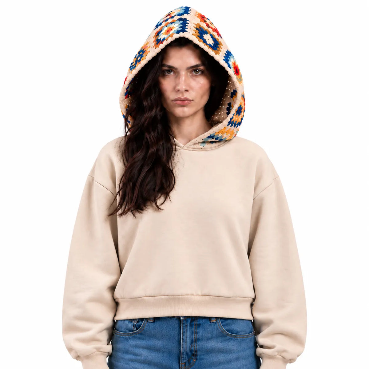 SITRA Girls' Granny Square Crochet Cropped Boxy Hoodie