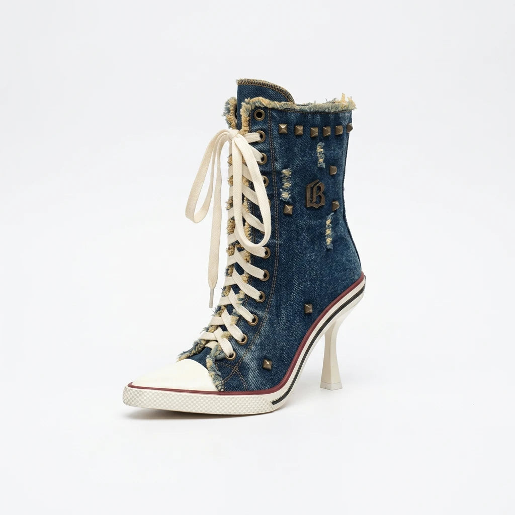 SITRA Women's Casual Retro Denim High-Heeled Boots