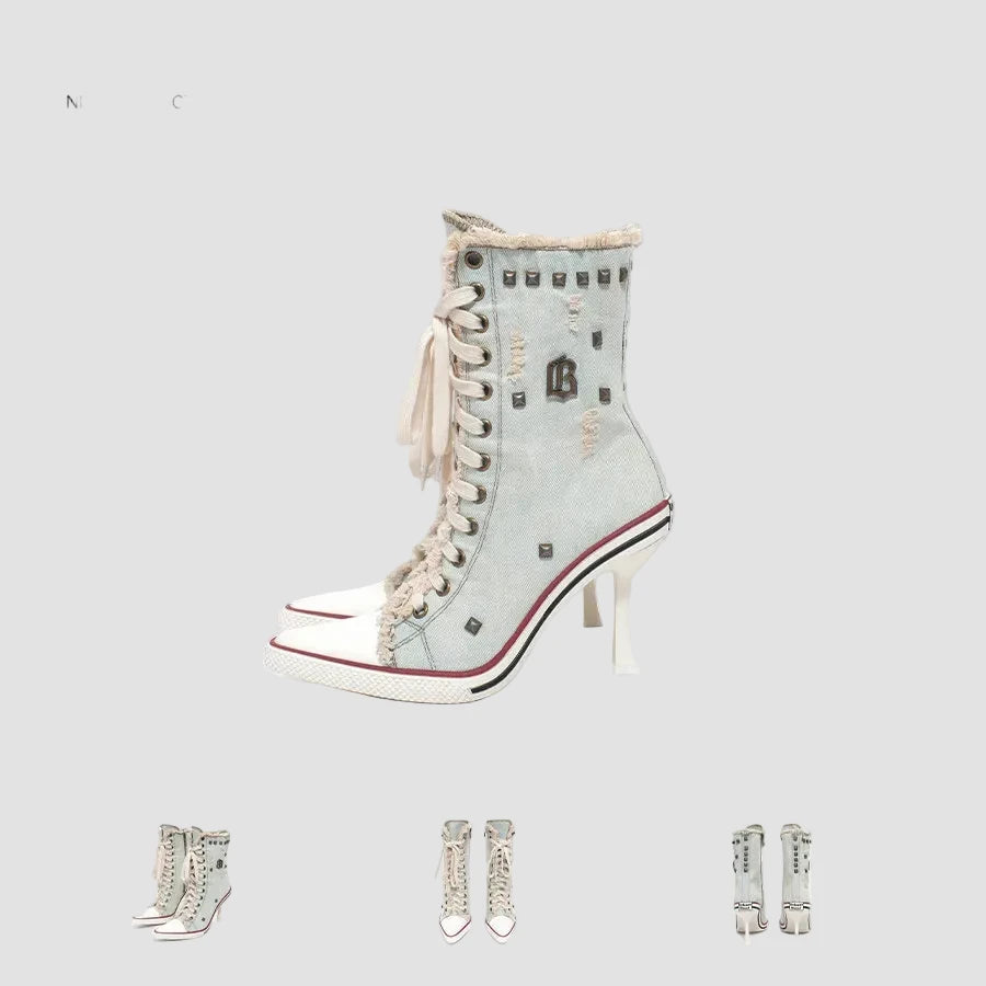 SITRA Women's Casual Retro Denim High-Heeled Boots