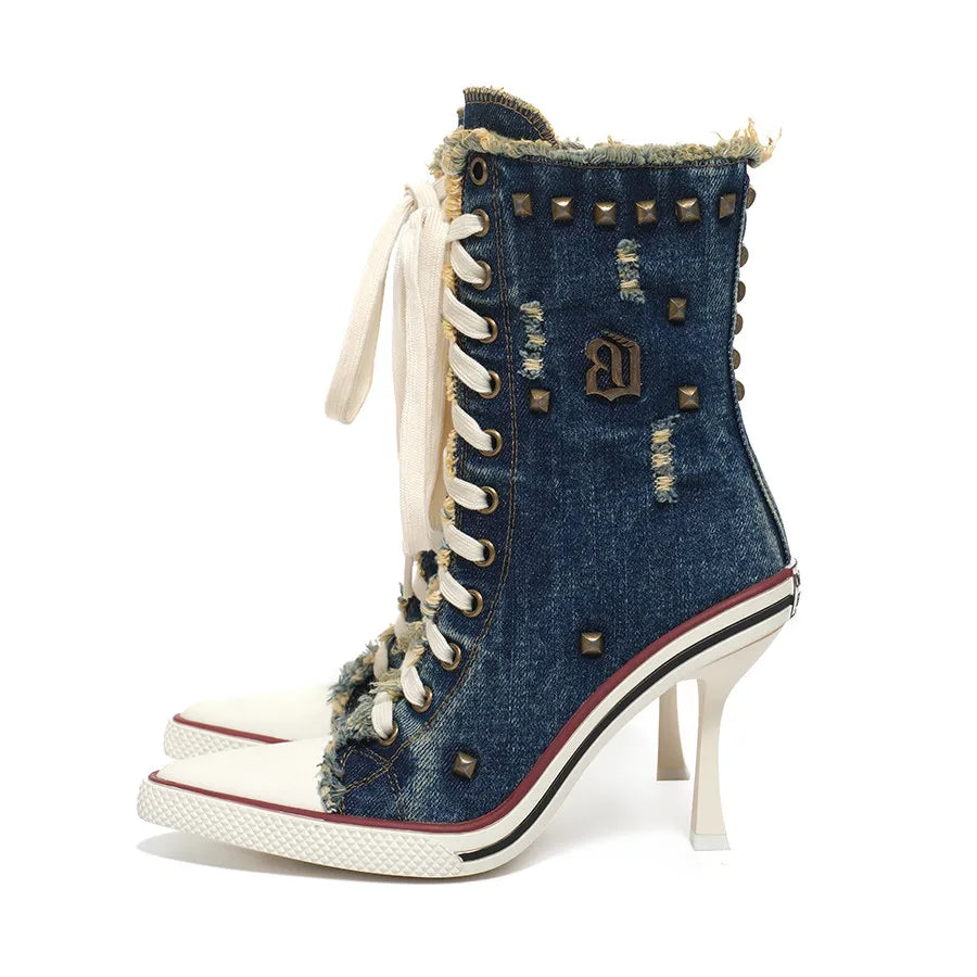 SITRA Women's Casual Retro Denim High-Heeled Boots