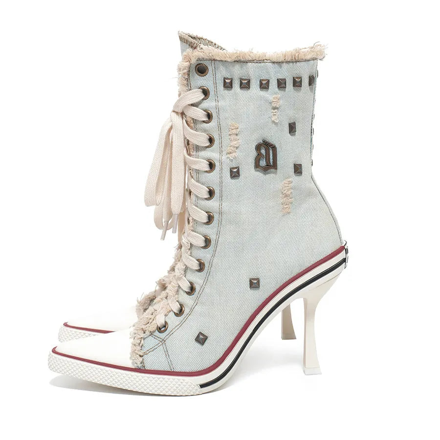 SITRA Women's Casual Retro Denim High-Heeled Boots