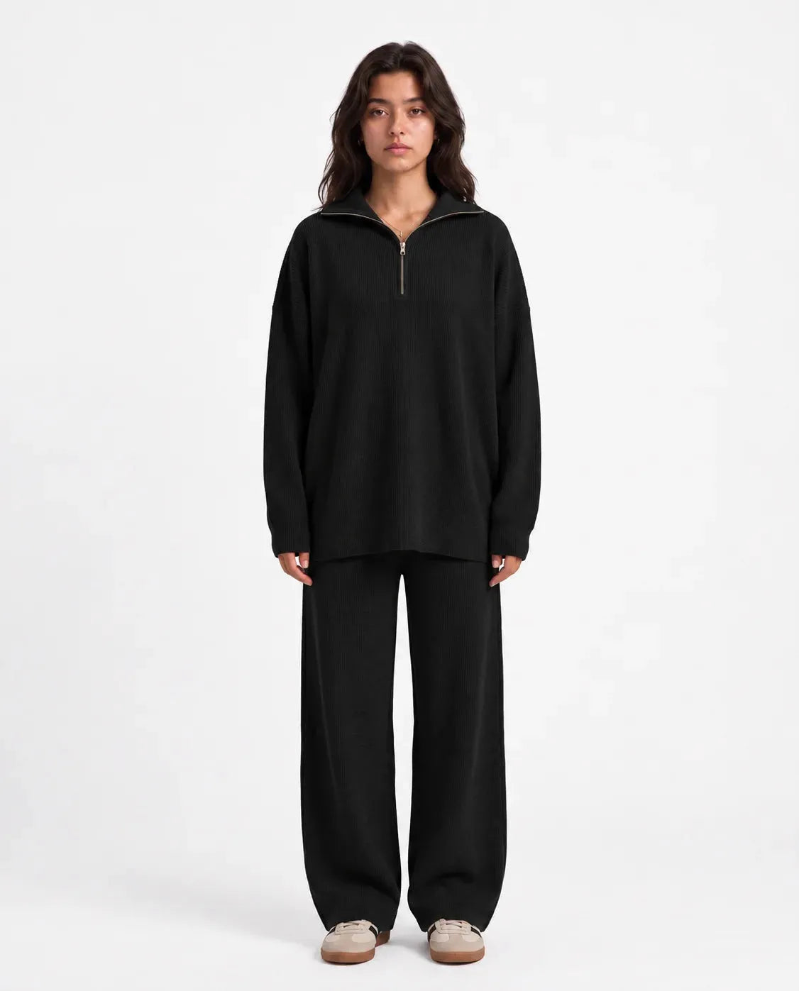 SITRA Women's Casual Retro Ribbed Half-Zip Set