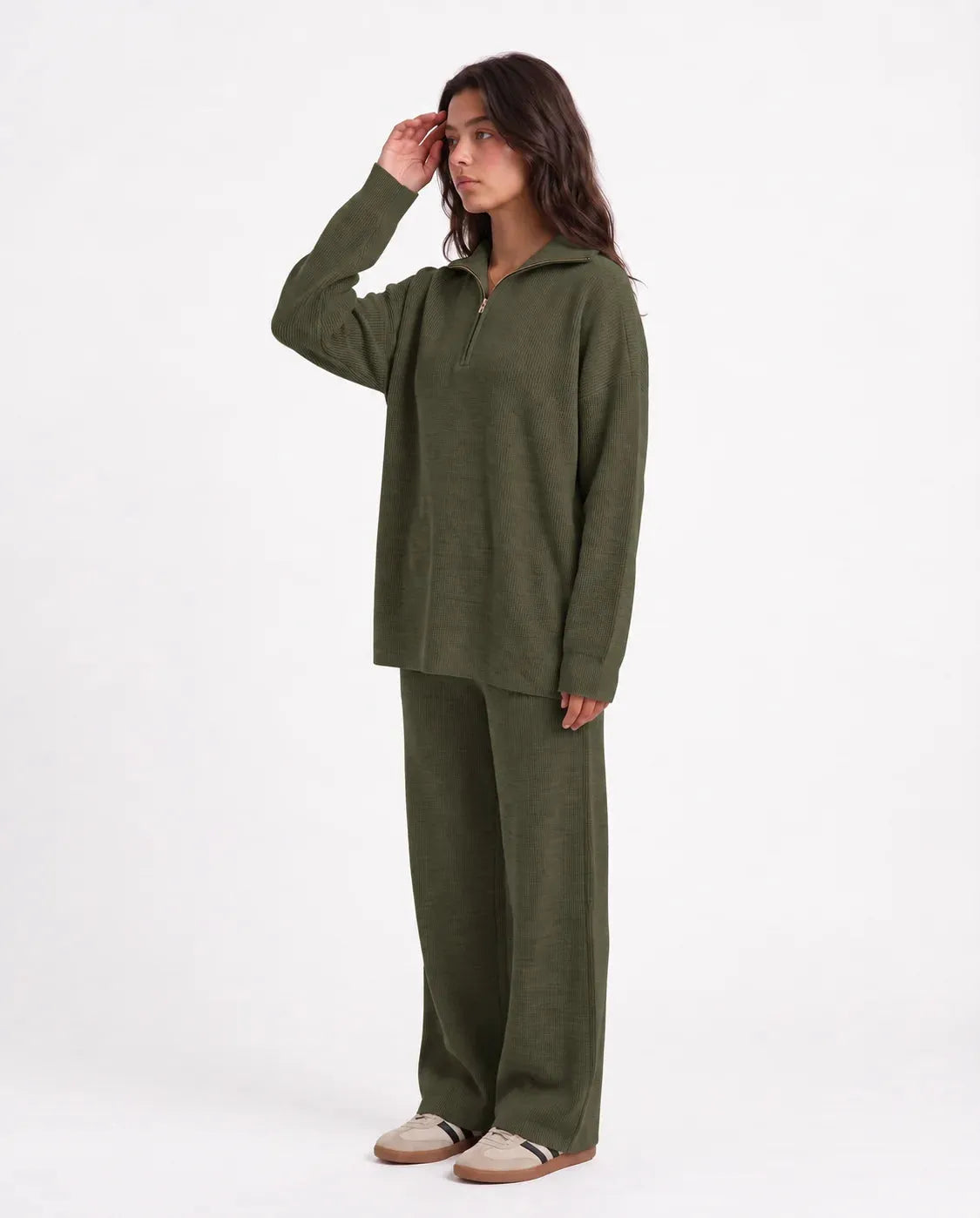 SITRA Women's Casual Retro Ribbed Half-Zip Set
