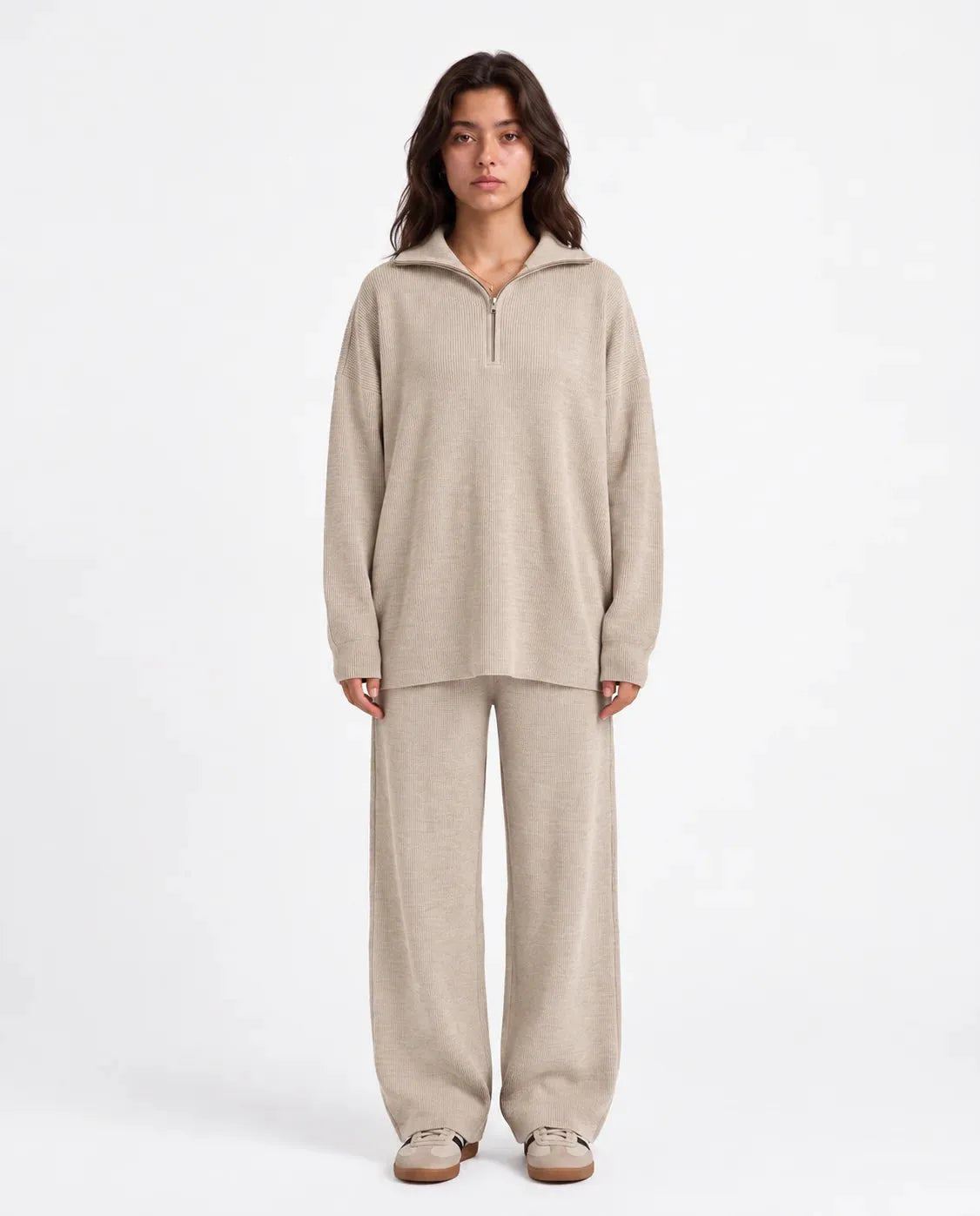 SITRA Women's Casual Retro Ribbed Half-Zip Set