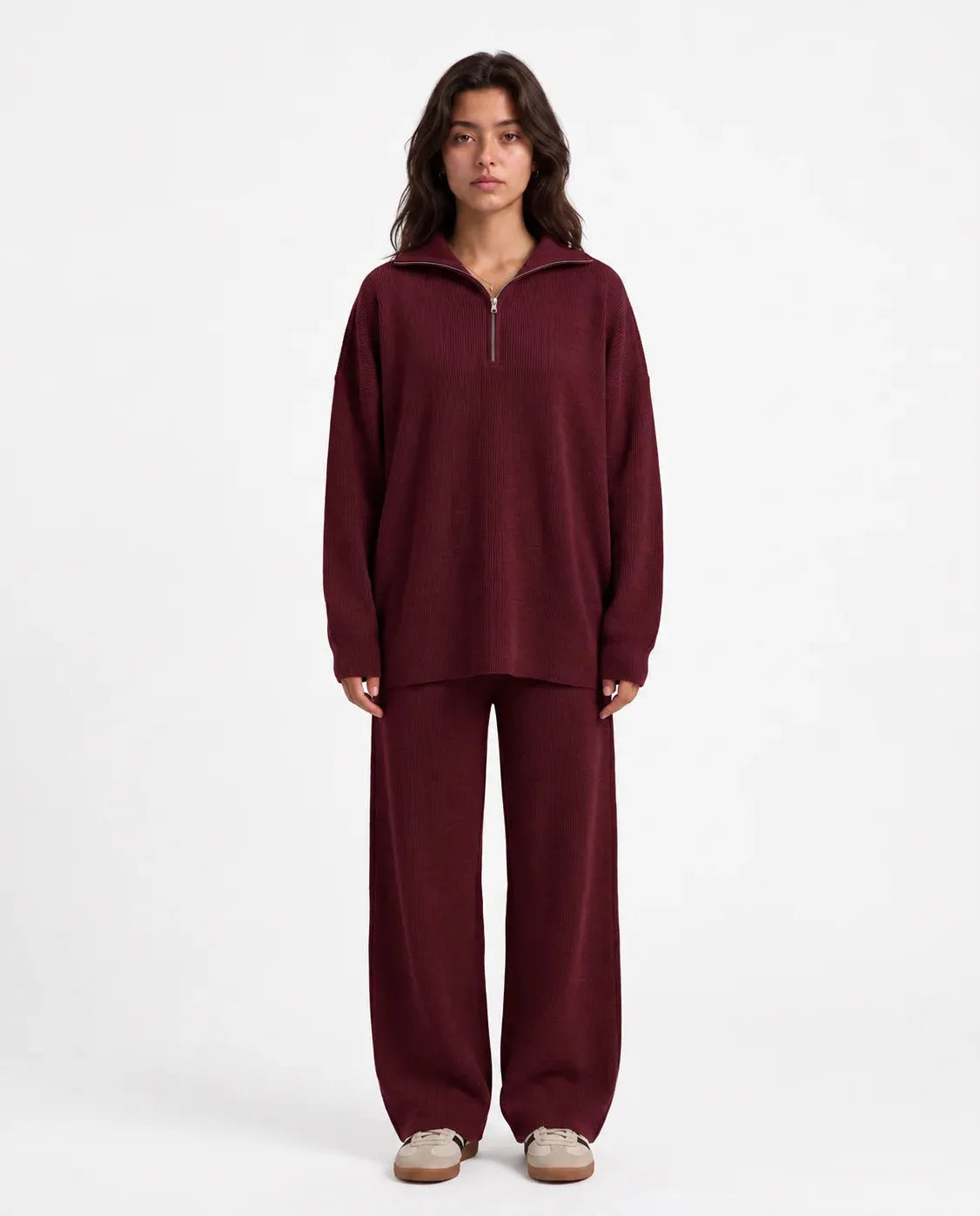 SITRA Women's Casual Retro Ribbed Half-Zip Set