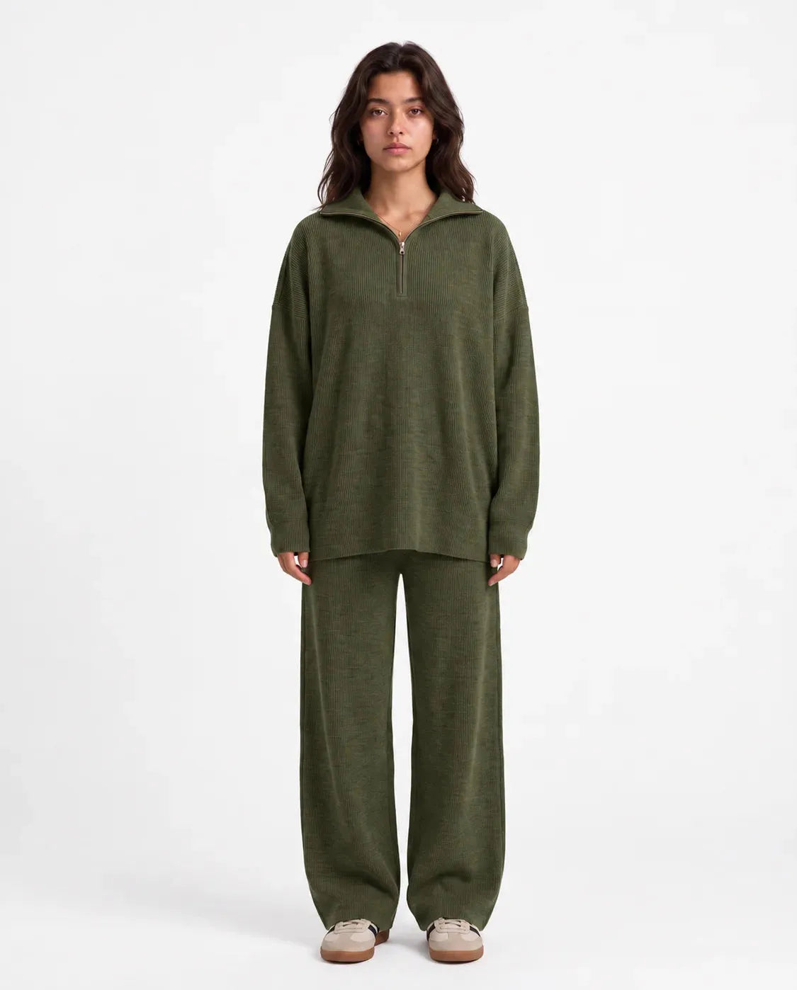 SITRA Women's Casual Retro Ribbed Half-Zip Set
