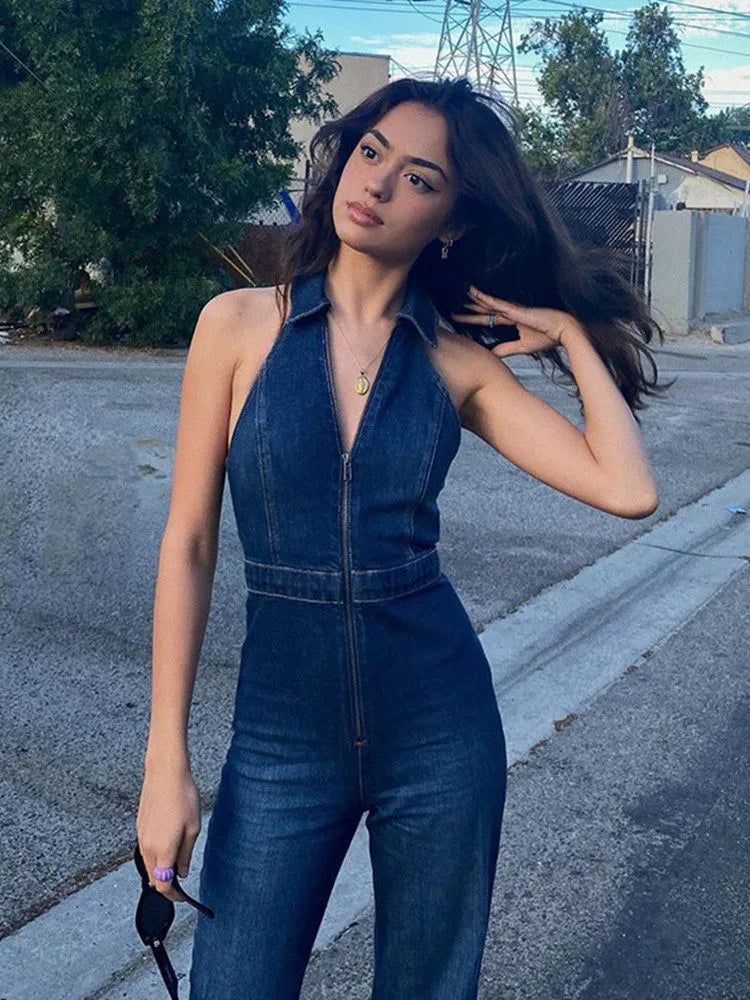 SITRA Women's Denim Jumpsuit Flare Pants