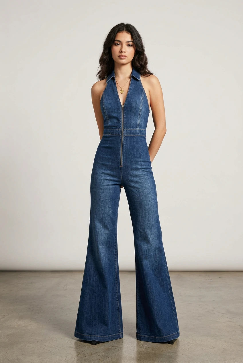 SITRA Women's Denim Jumpsuit Flare Pants