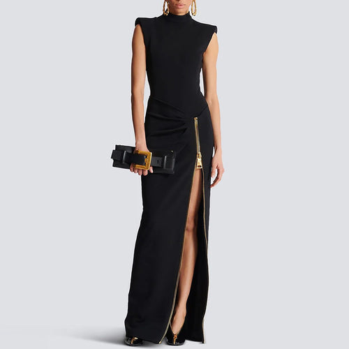 Black Sleeveless Mock Neck Maxi Dress | Ruched High-Slit Evening Gown