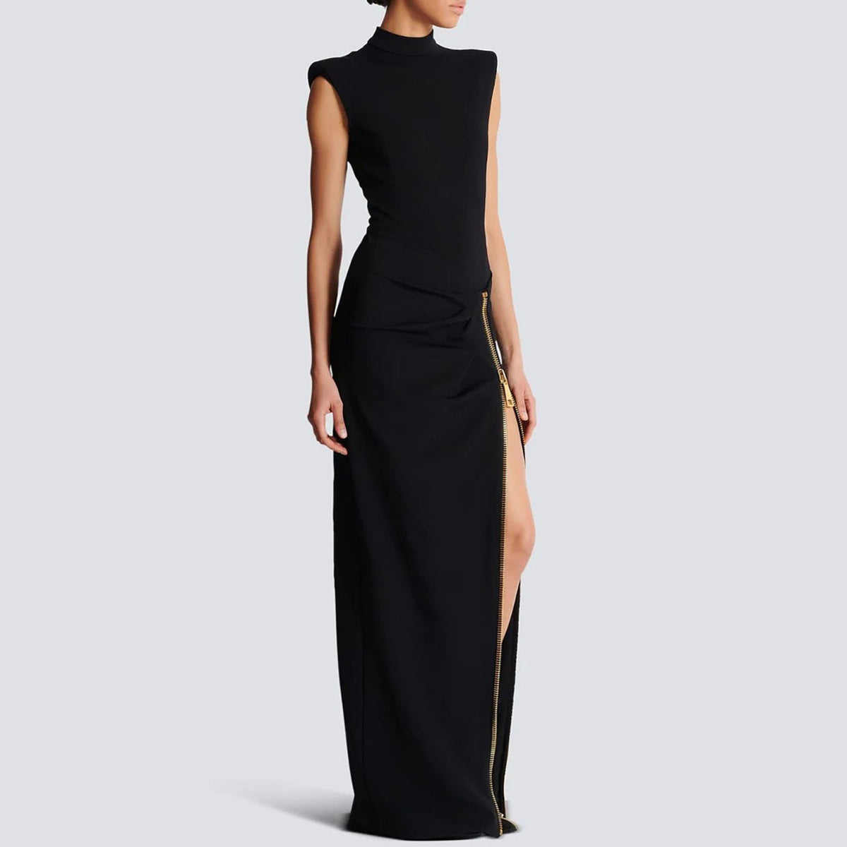 Sleeveless Mock Neck Evening Gown | Ruched Slit Maxi Dress