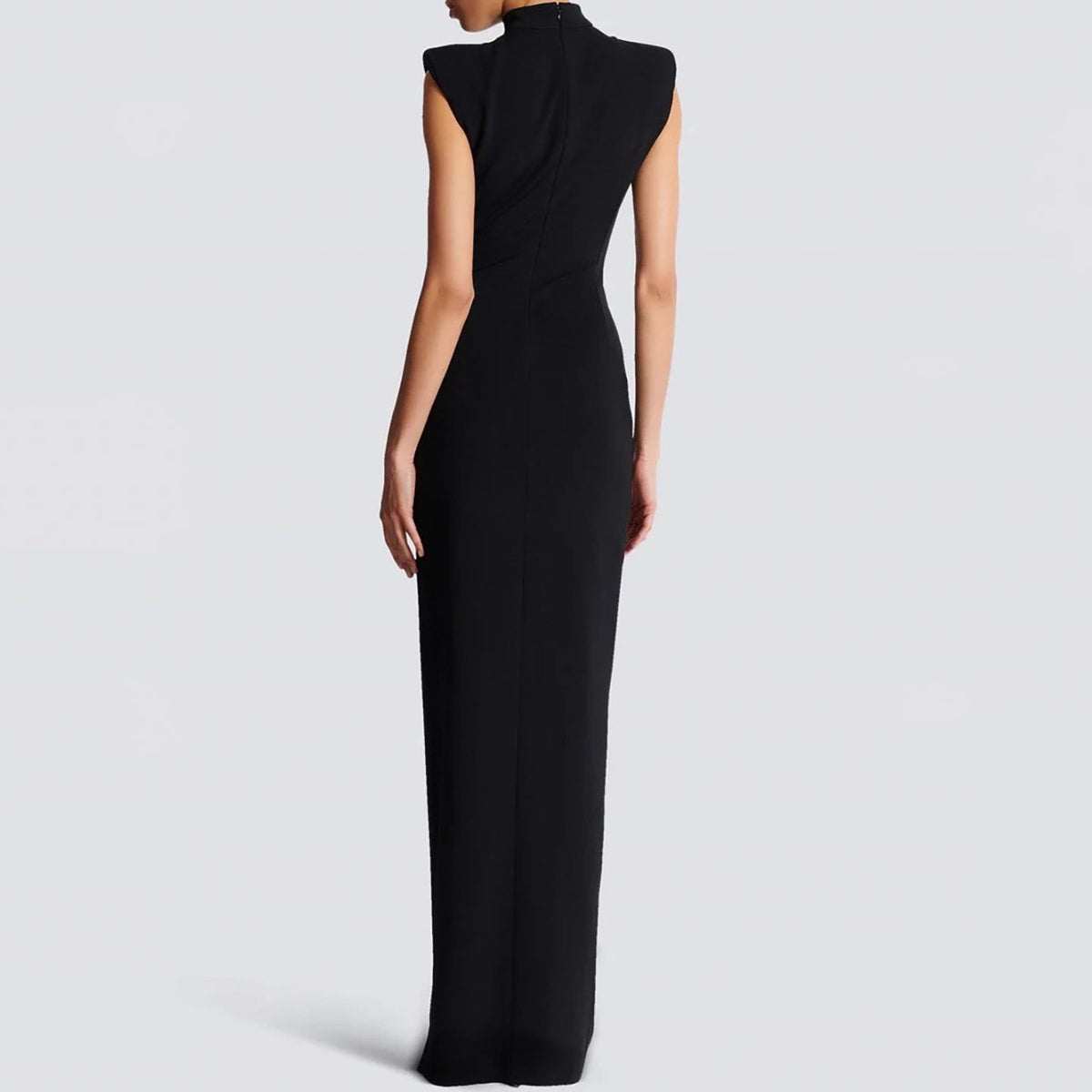 Sleeveless Mock Neck Evening Gown | Ruched Slit Maxi Dress