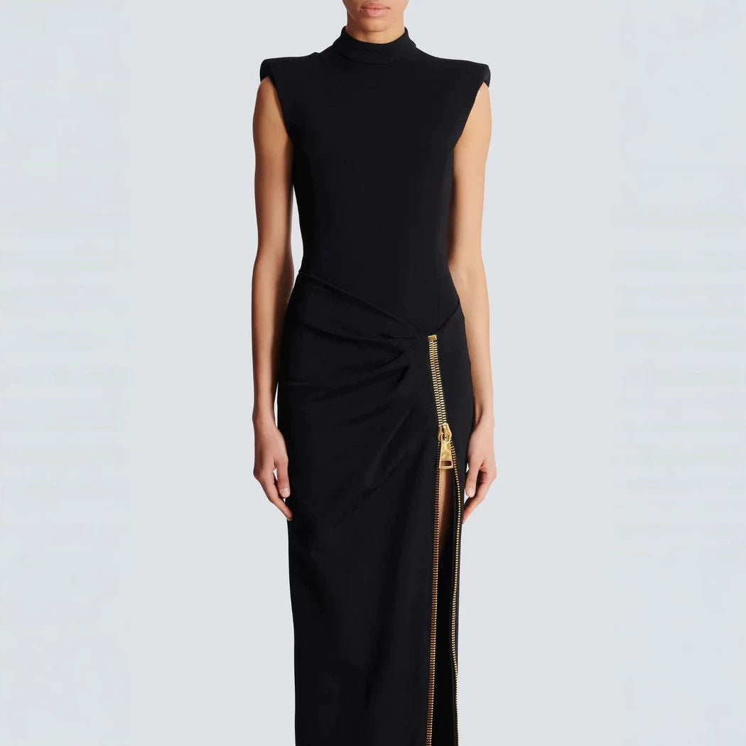 Sleeveless Mock Neck Evening Gown | Ruched Slit Maxi Dress