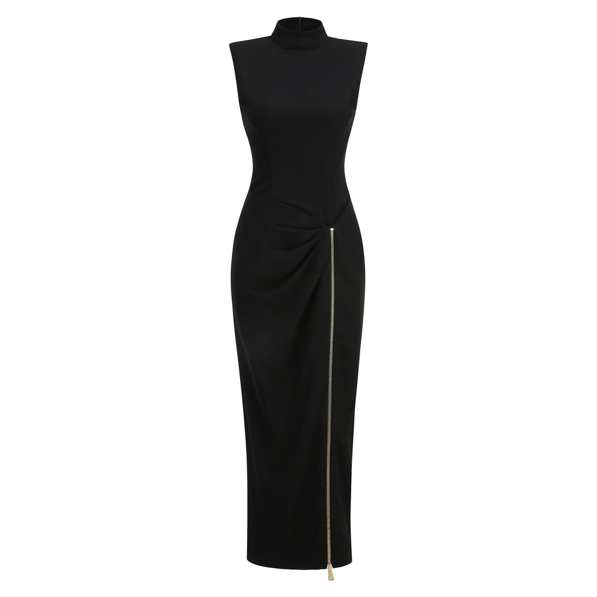 Sleeveless Mock Neck Evening Gown | Ruched Slit Maxi Dress
