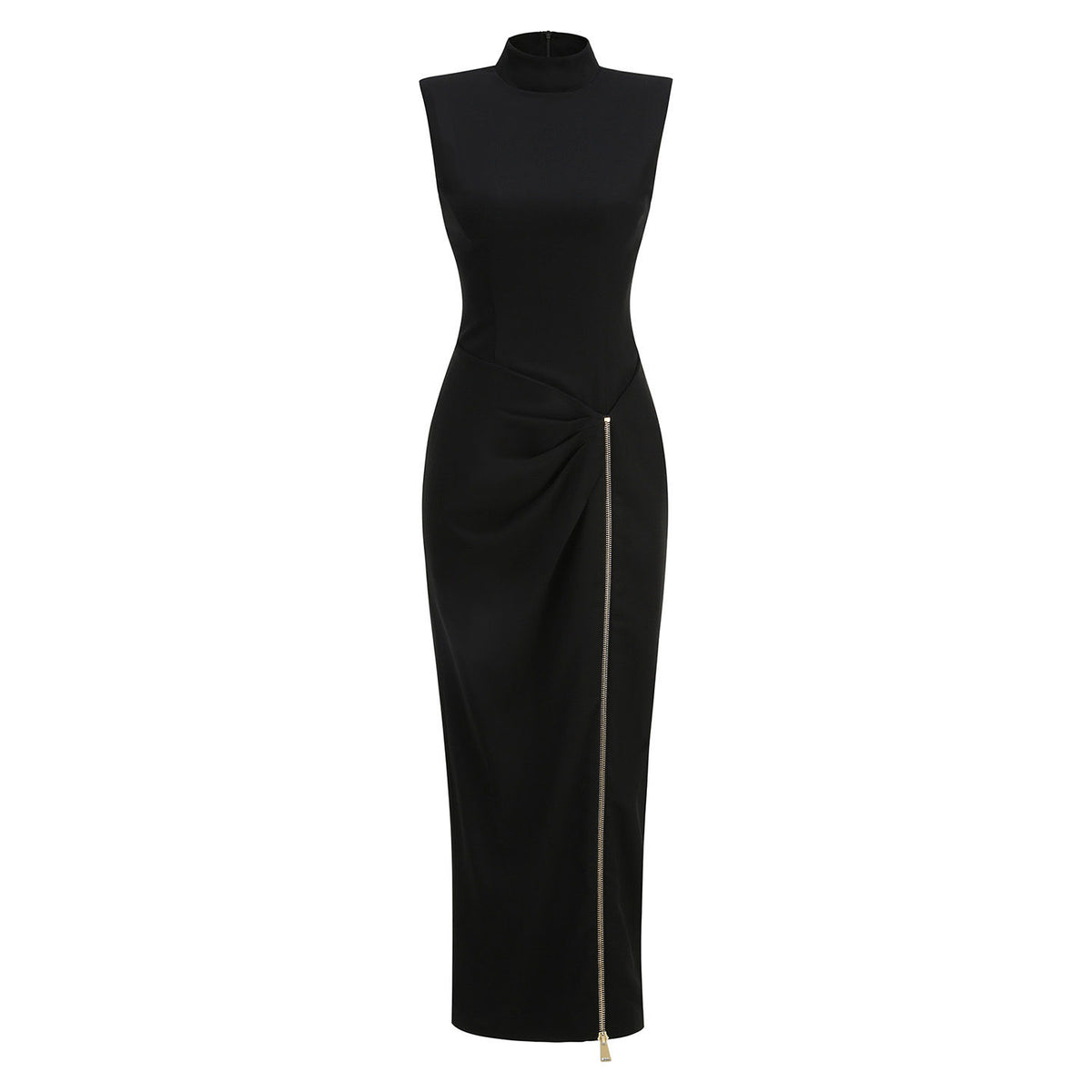Sleeveless Mock Neck Evening Gown | Ruched Slit Maxi Dress