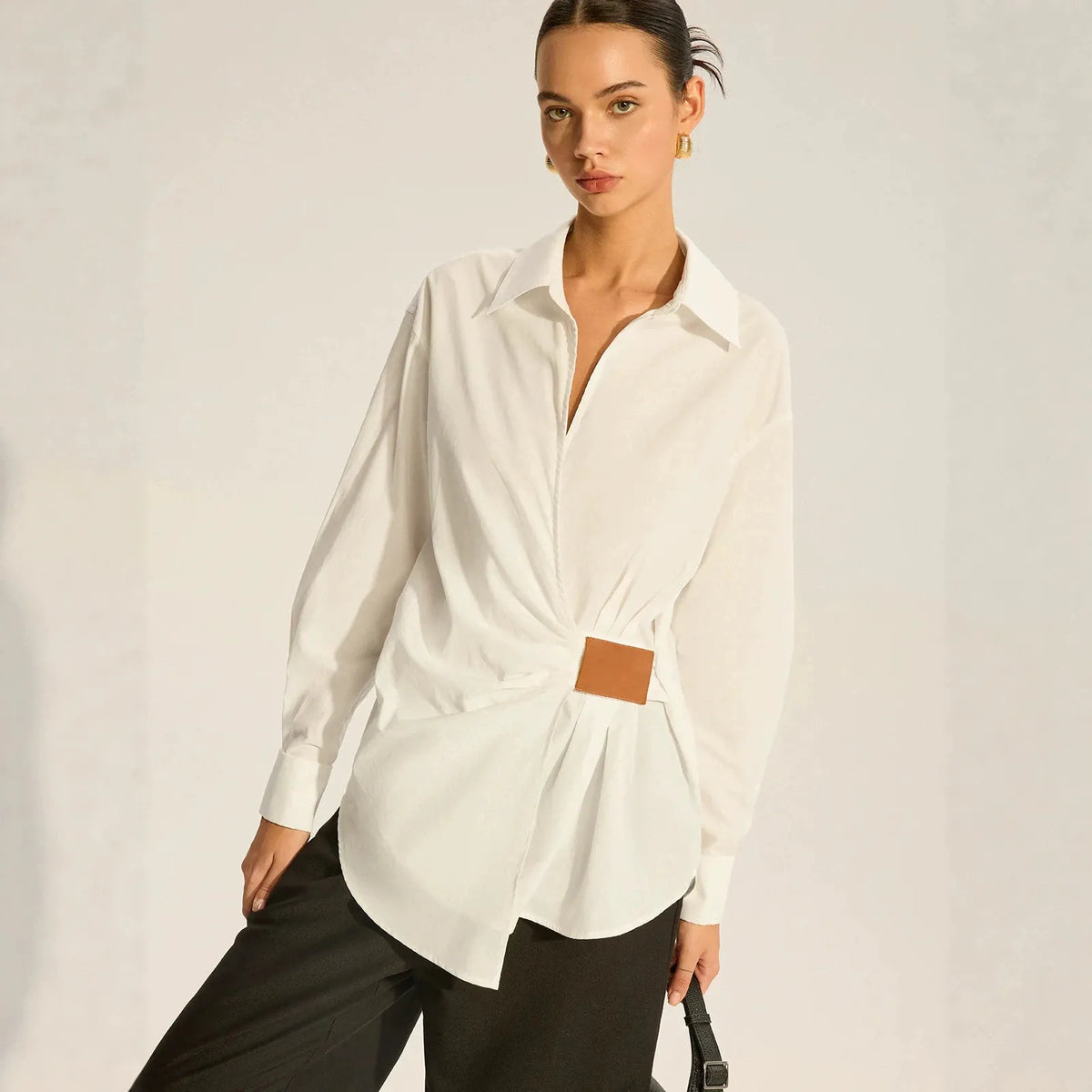 Solid Color Turn-Down Collar Knot Blouse | Long Sleeve Commuter Shirt