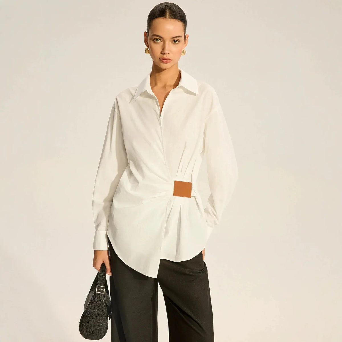 Solid Color Turn-Down Collar Knot Blouse | Long Sleeve Commuter Shirt