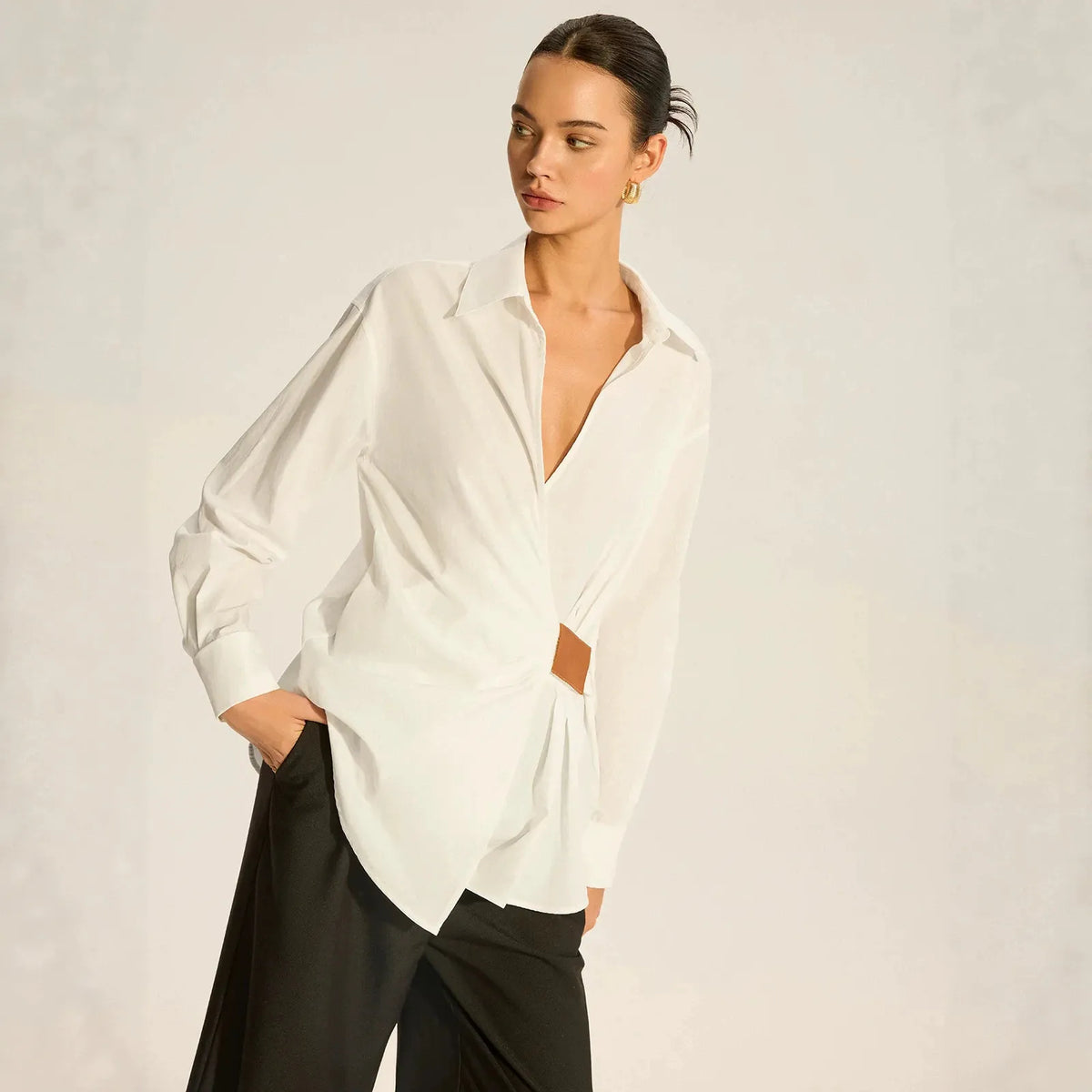 Solid Color Turn-Down Collar Knot Blouse | Long Sleeve Commuter Shirt