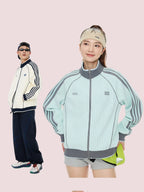 Striped Colorblock Stand-Up Collar Sports Cardigan Jacket