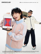 Striped Colorblock Stand-Up Collar Sports Cardigan Jacket