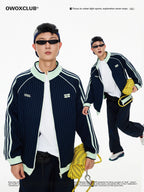 Striped Colorblock Stand-Up Collar Sports Cardigan Jacket