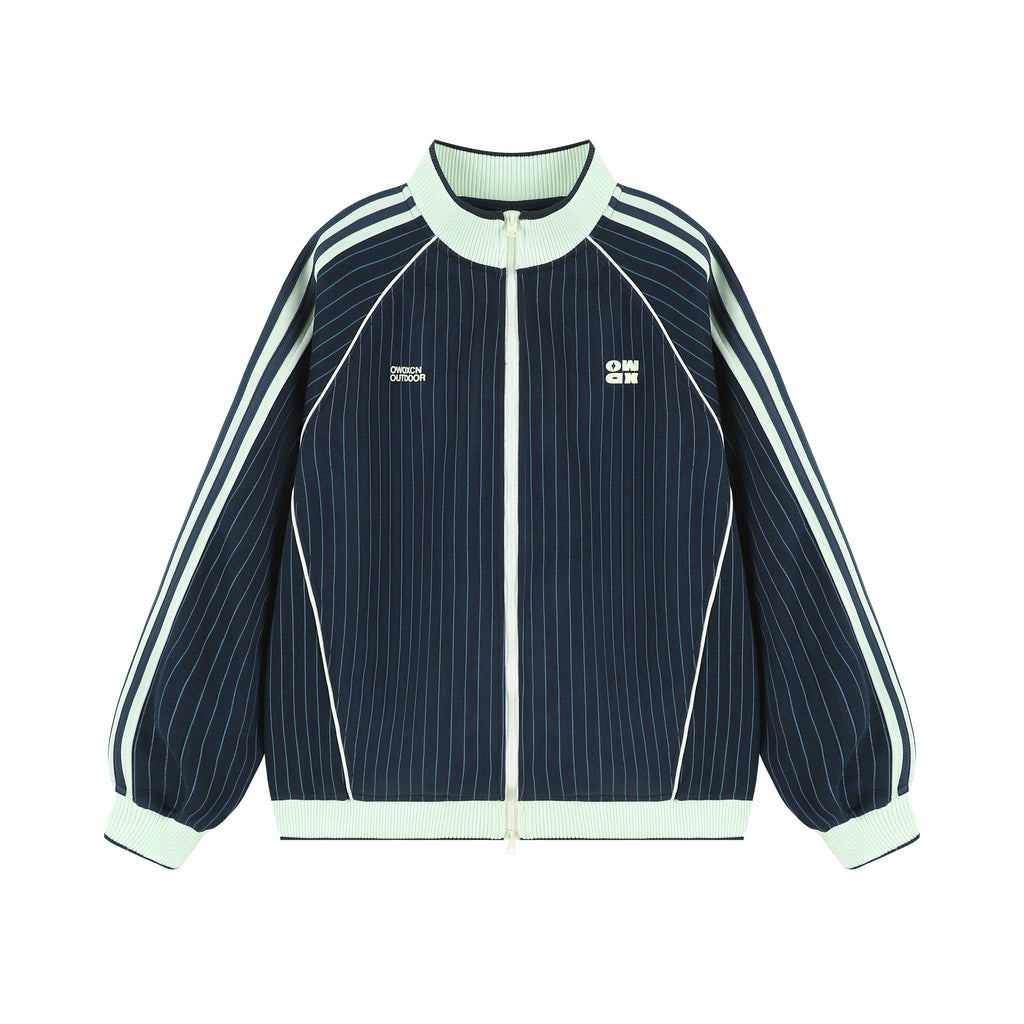 Striped Colorblock Stand-Up Collar Sports Cardigan Jacket