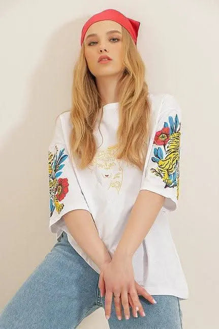 Tiger Flower T-Shirt Oversize Fit Cotton