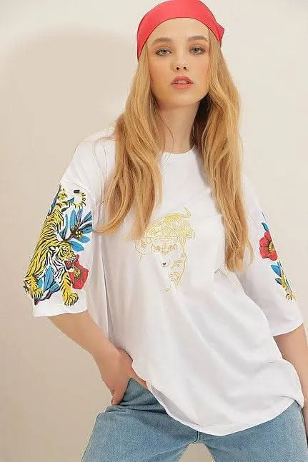 Tiger Flower T-Shirt Oversize Fit Cotton