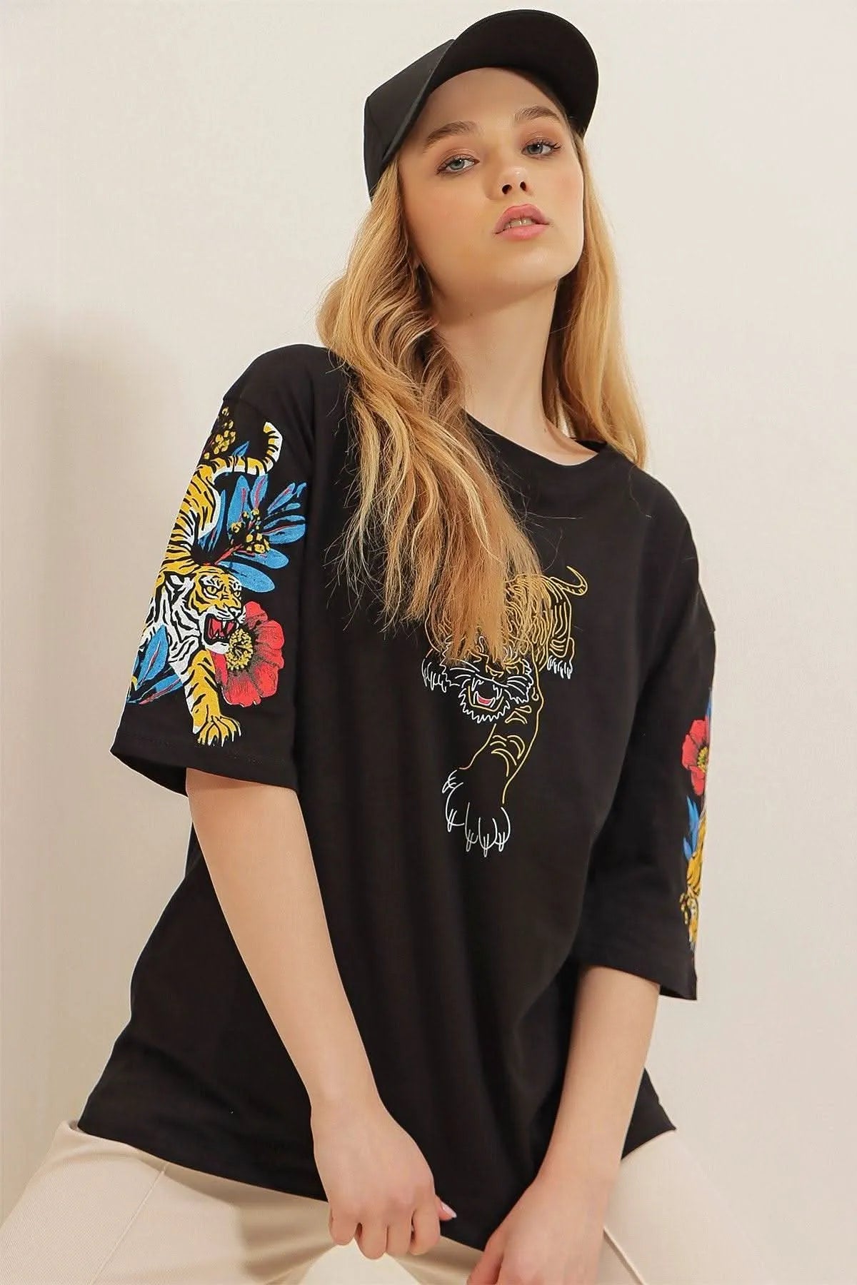 Tiger Flower T-Shirt Oversize Fit Cotton